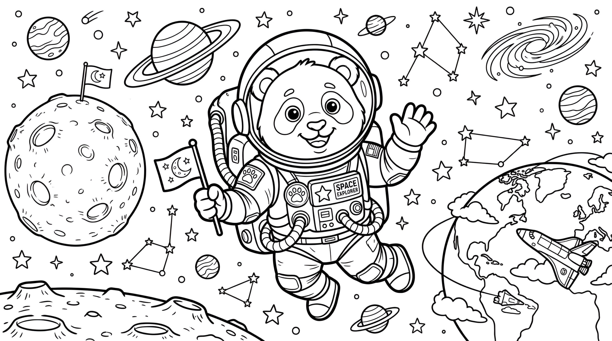 Ausmalbild Astronaut-Panda im Weltall – Kostenlose PDF-Malvorlage