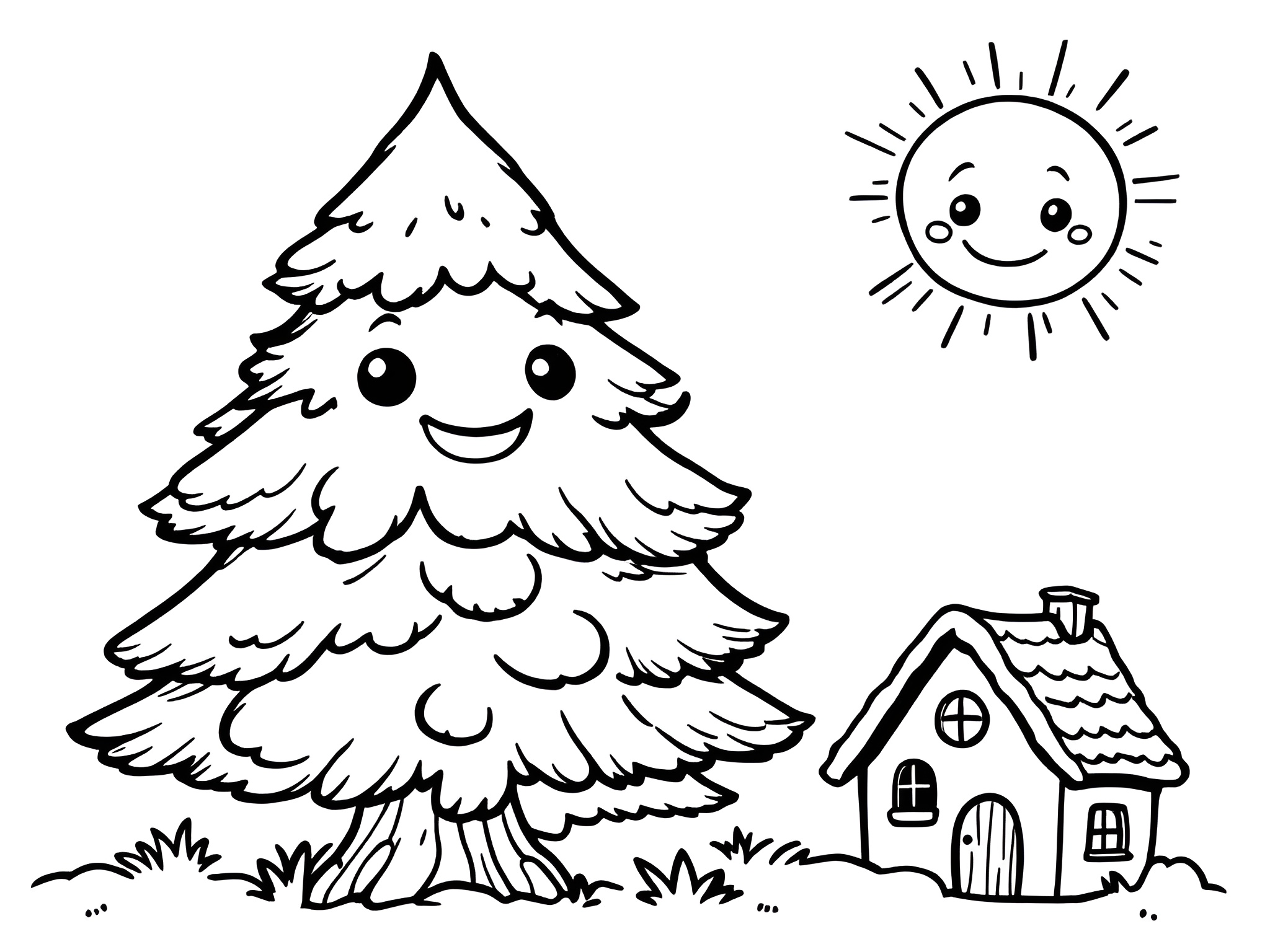 Ausmalbild Baum, Sonne, Haus 🌳☀️🏠