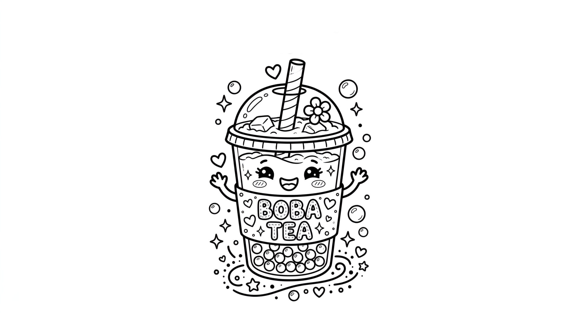 Süßes Ausmalbild mit drei fröhlichen Boba-Tea-Bechern im Kawaii-Stil zum Ausdrucken von MOWOLI.