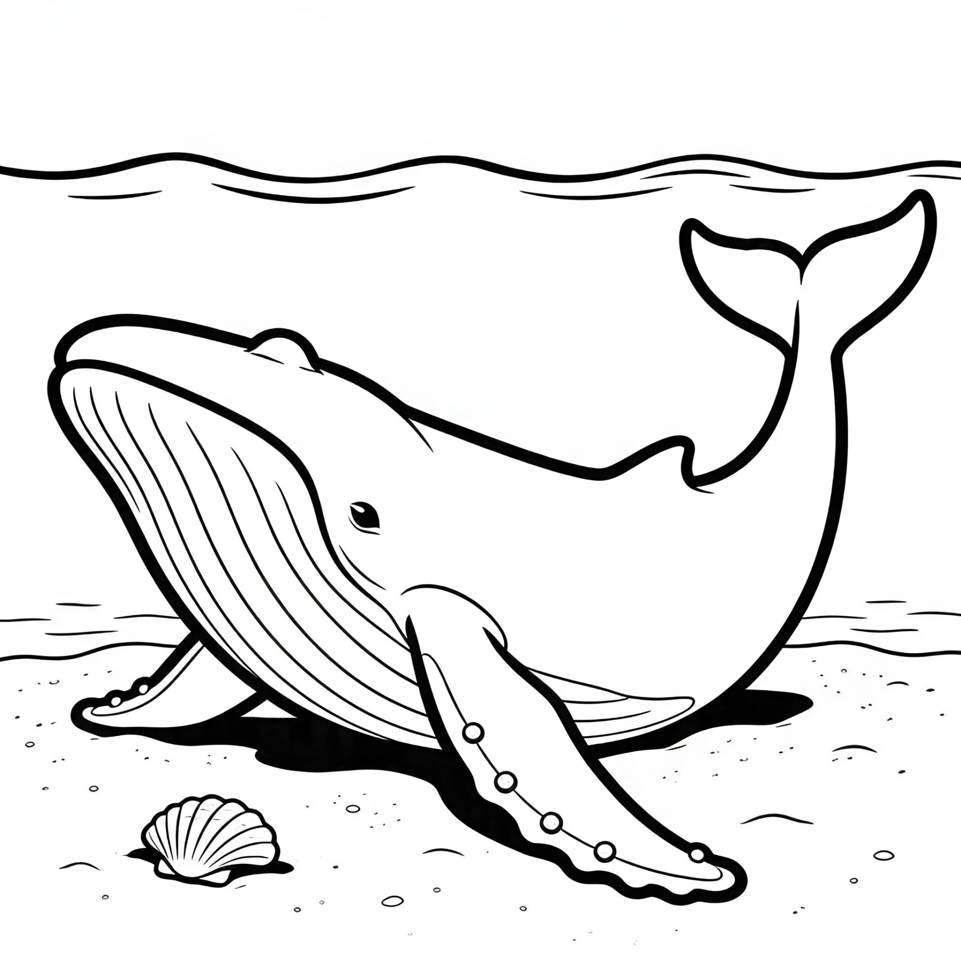 Kinder-Ausmalbild: Timmy der Buckelwal liegt im flachen Ostseewasser auf Sand. Dicke Linien, einfache Formen ab 3 Jahren zum Ausmalen von MOWOLI