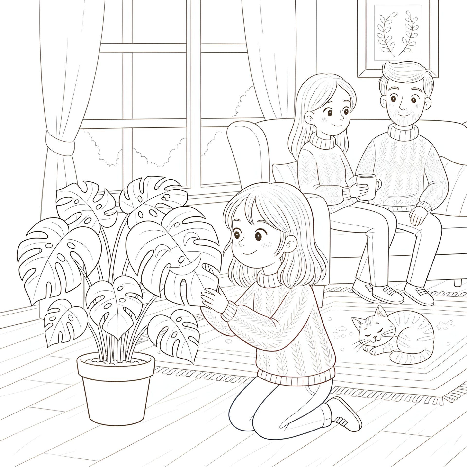 Ausmalbild Emilia mit Monstera – Kreativer Naturzauber zum Ausmalen von MOWOLI