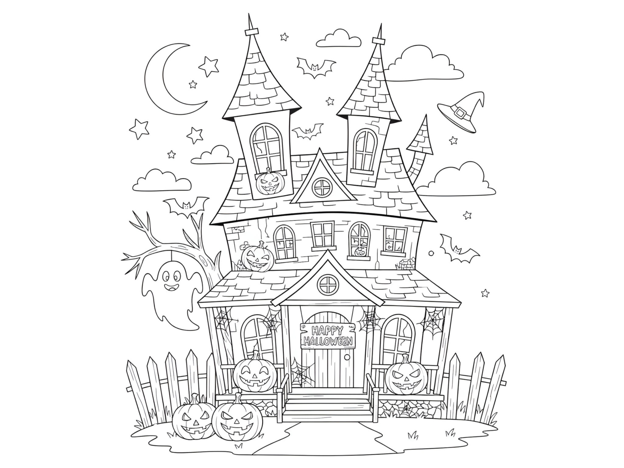 Ausmalbild Happy Halloween Haus – Magischer Malspaß für kleine Gruselfans 👻 von MOWOLI