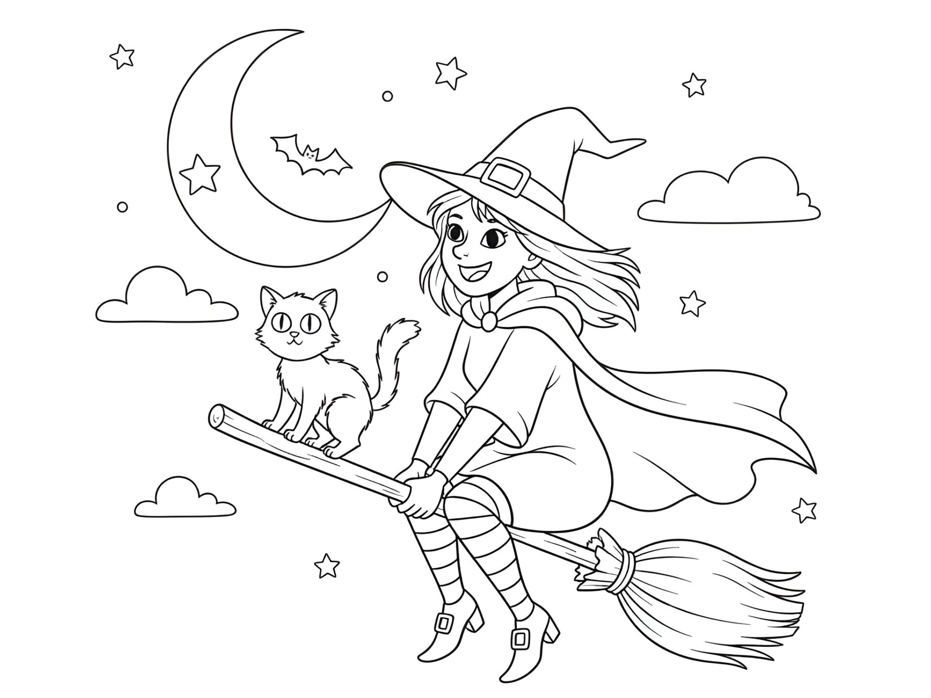 Ausmalbild Hexe mit Katze 🎃🧙‍♀️ Magischer Malspaß für kleine Zauberfreunde!