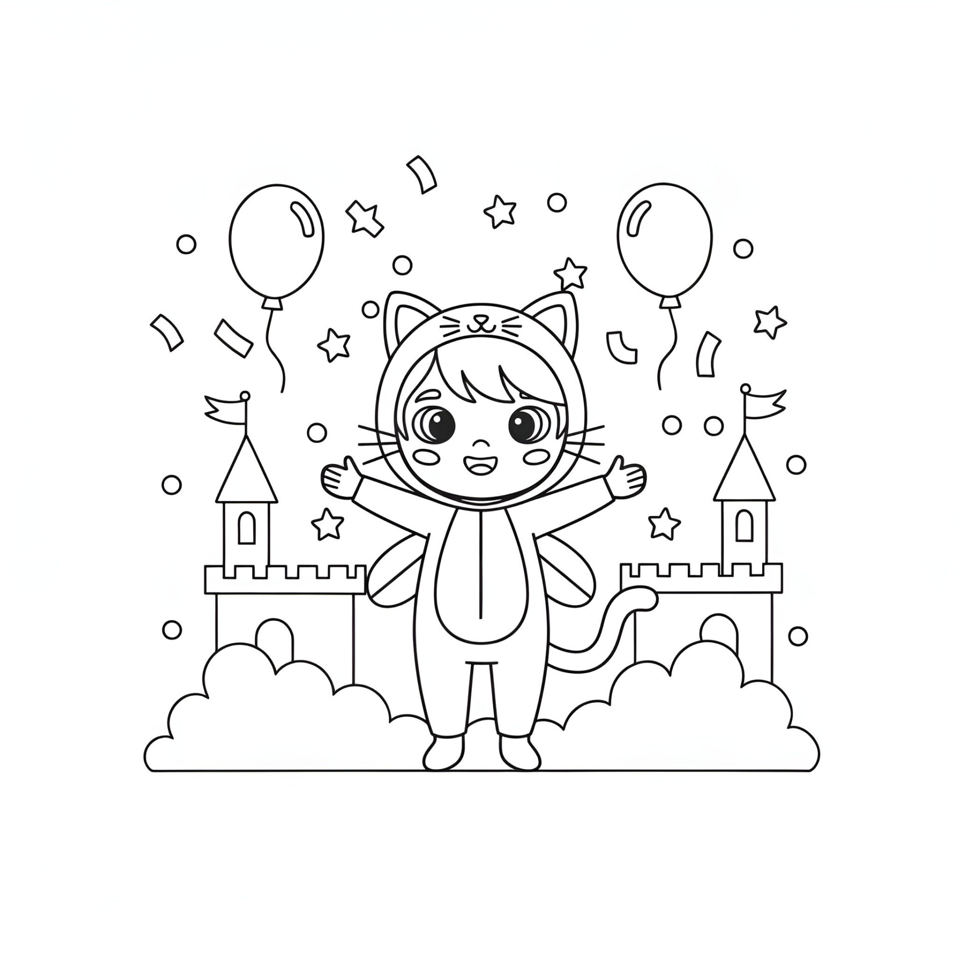 Ausmalbild Kostüm Katze als Geschenk 🐱🎁 Niedlicher Malspaß für kleine Katzenfans von MOWOLI