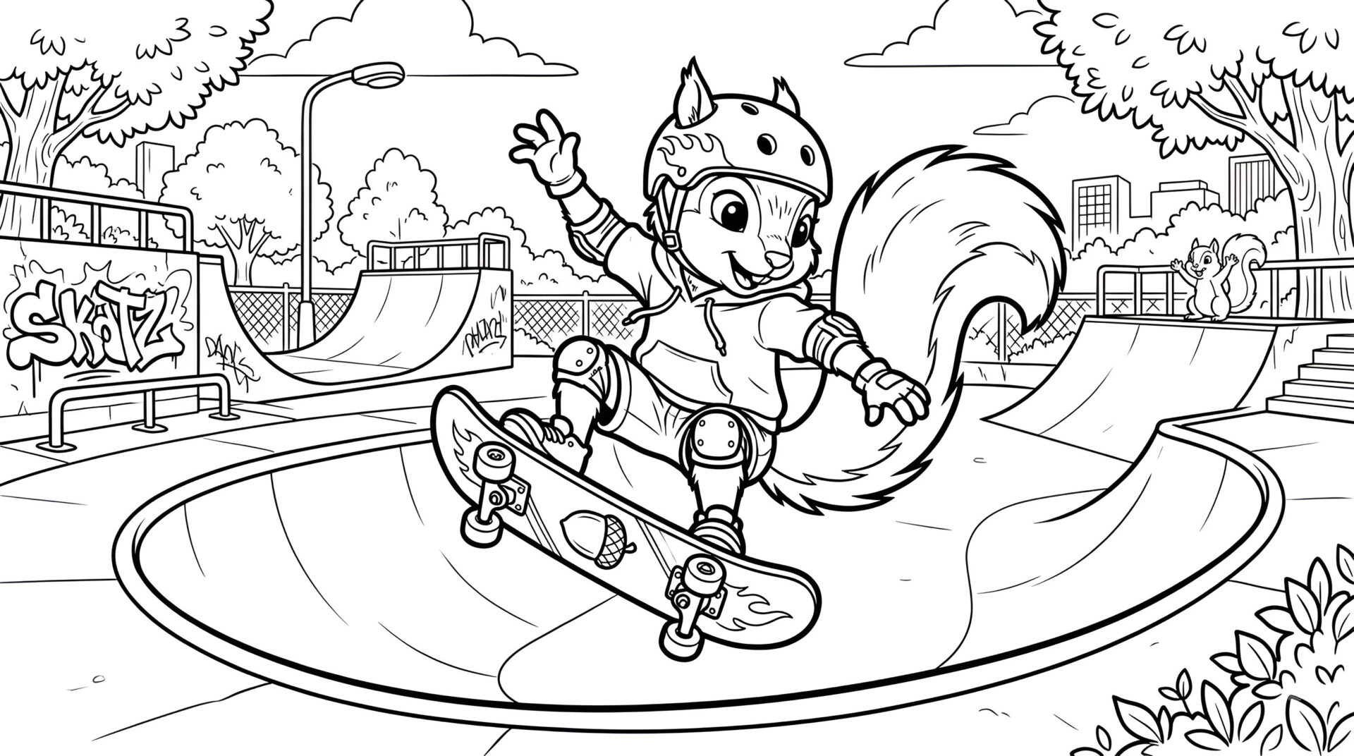 Schwarz-weißes Ausmalbild im 16:9-Format: Ein fröhliches Eichhörnchen mit Helm und Schutzkleidung springt mit seinem Skateboard über eine Rampenlandschaft in einem Skatepark.