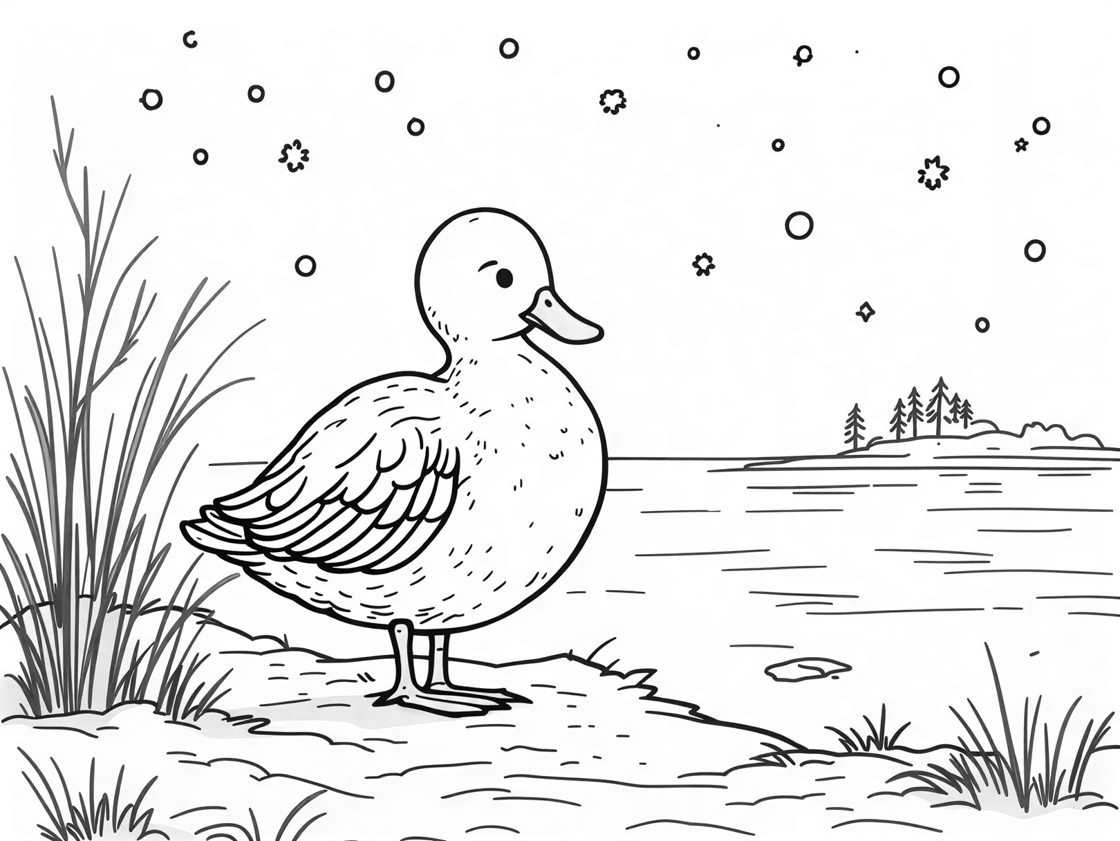 Ausmalbild Stockente im Schnee als Geschenk 🦆❄️ Winterlicher Malspaß für kleine Tierfreunde von MOWOLI