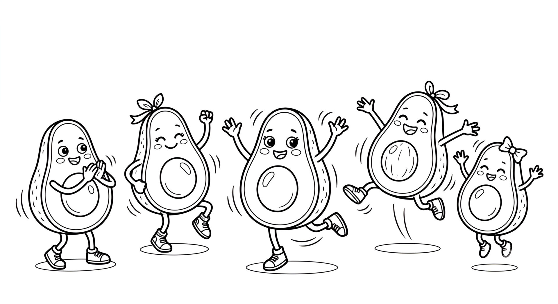 Lustiges Ausmalbild mit fünf tanzenden Avocados im Kawaii-Stil zum Ausdrucken von MOWOLI