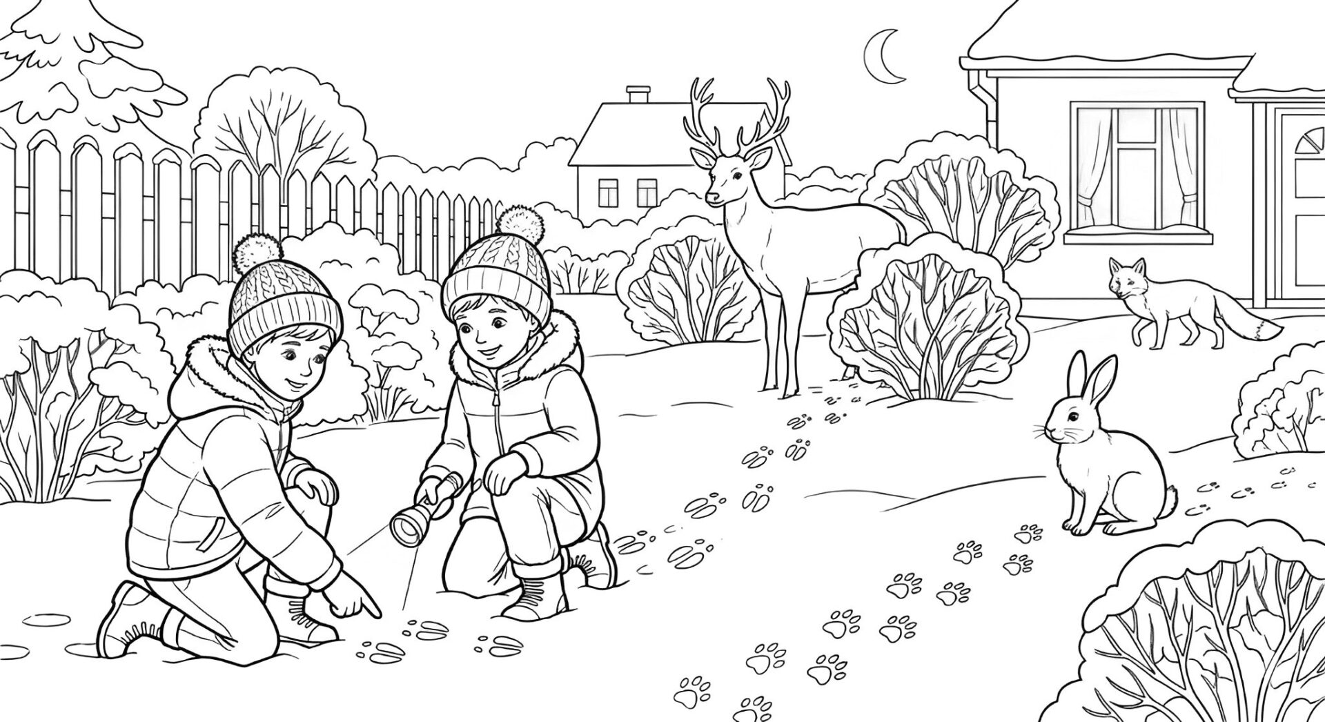 Ausmalbild Tierspuren im Schnee ❄️ Winterlicher Malspaß für kleine Entdecker von MOWOLI