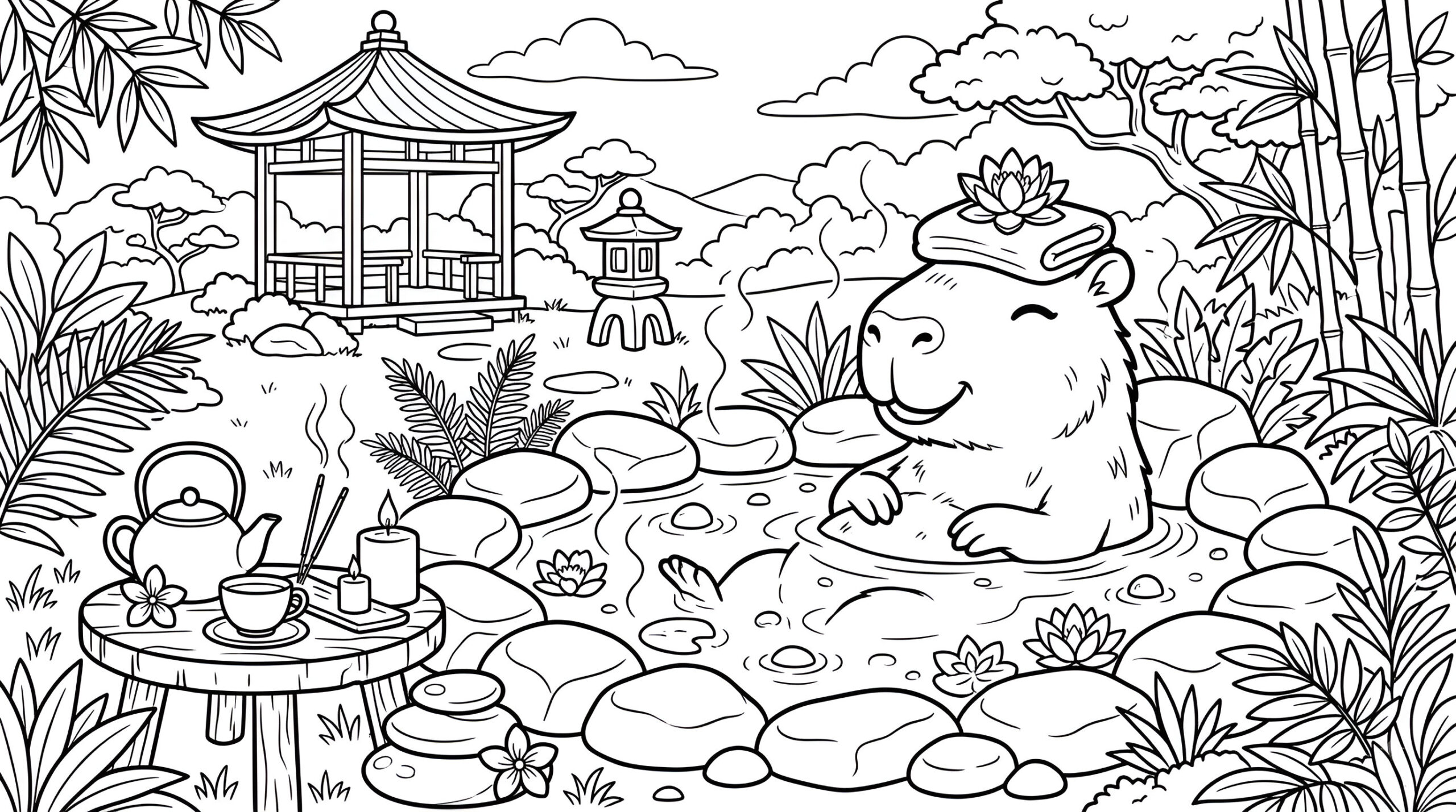 Ausmalbild Wellness-Capybara im Hot Tub – Kostenlose PDF-Malvorlage